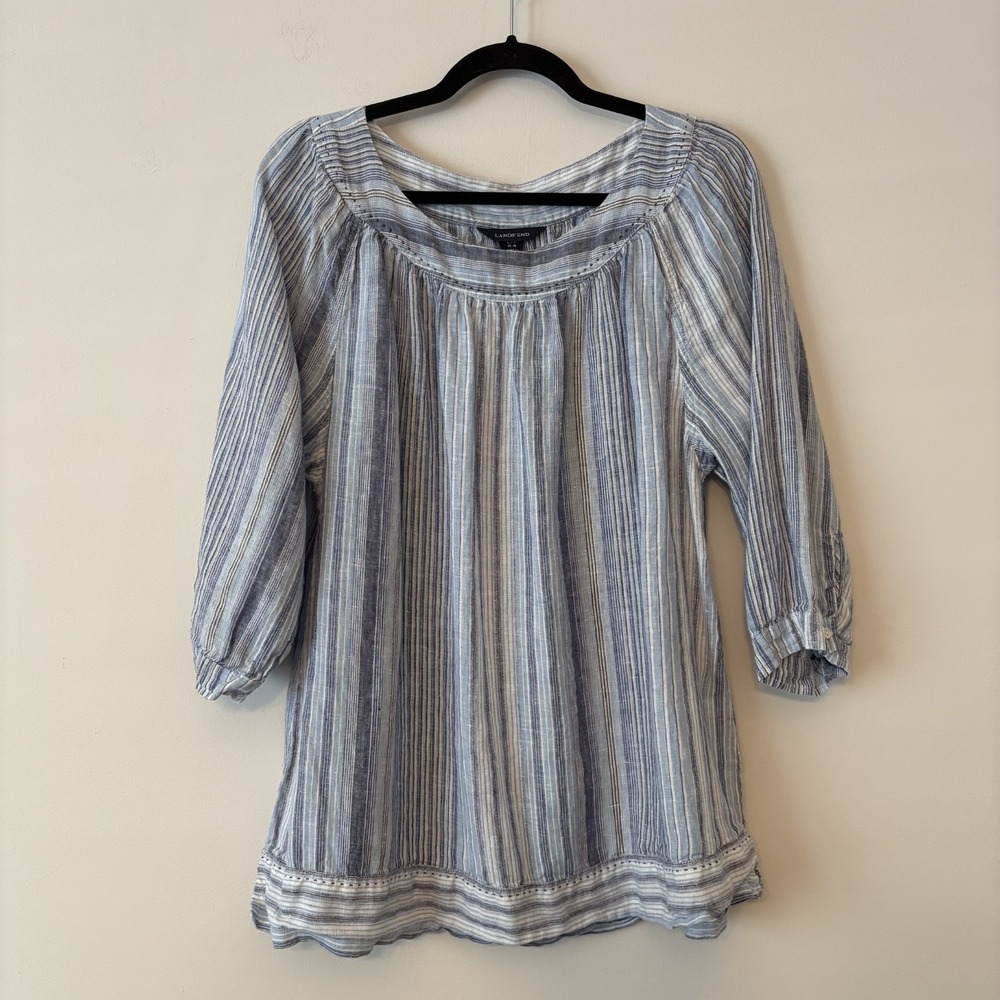 Lands End 100% Linen Striped Top Blue XL 14-16 Coastal Nautical Beachy Lagenlook